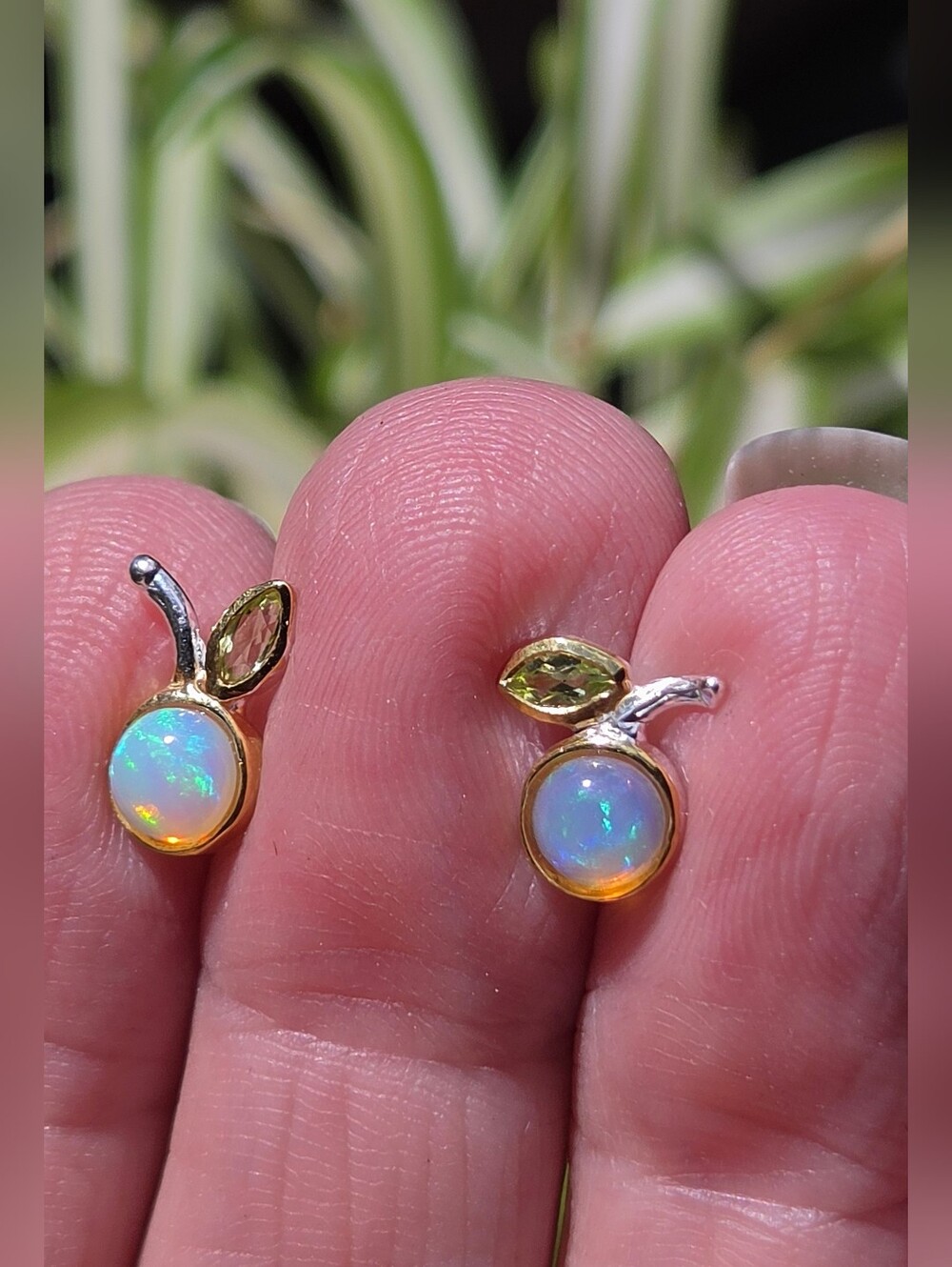 Opal & Peridot Cherry Stud Earrings - Gold & Sterling - Picture 4 of 8